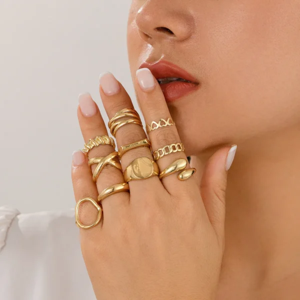 10Pcs/Set Trendy Gold Silver Color Geometric Cuff Rings Set for Women Girl Metallic Stainless Steel Minimalism Fashion Chic Ring - Image 6