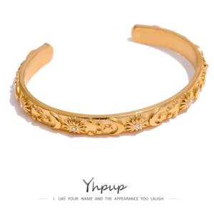 Yhpup Golden Stainless Steel Moon Star Sun Bangle Bracelet  Stylish Metal Open Wrist браслеты на руку женкие Party Gift
