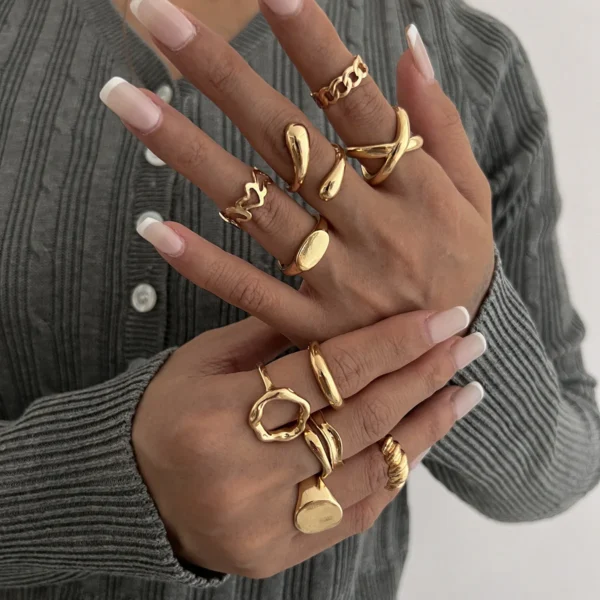 10Pcs/Set Trendy Gold Silver Color Geometric Cuff Rings Set for Women Girl Metallic Stainless Steel Minimalism Fashion Chic Ring - Image 3
