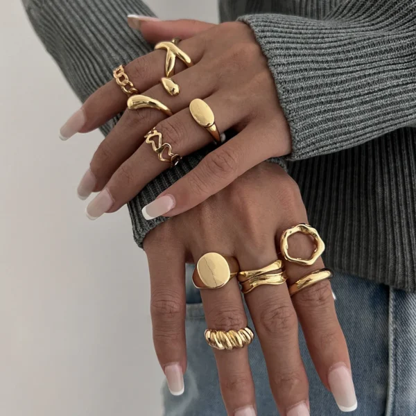 10Pcs/Set Trendy Gold Silver Color Geometric Cuff Rings Set for Women Girl Metallic Stainless Steel Minimalism Fashion Chic Ring - Image 2