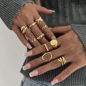 10Pcs/Set Trendy Gold Silver Color Geometric Cuff Rings Set for Women Girl Metallic Stainless Steel Minimalism Fashion Chic Ring