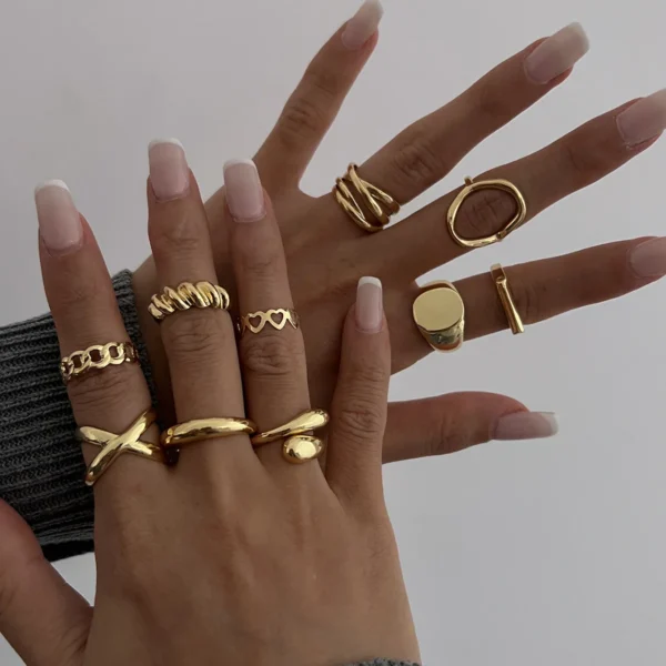 10Pcs/Set Trendy Gold Silver Color Geometric Cuff Rings Set for Women Girl Metallic Stainless Steel Minimalism Fashion Chic Ring - Image 4