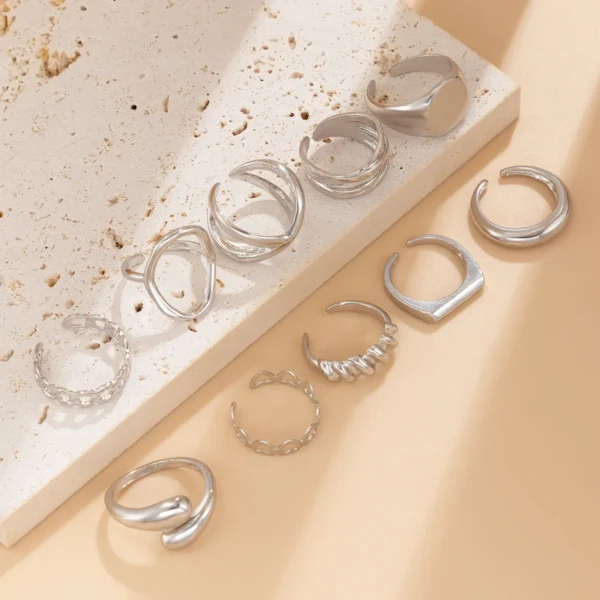 10Pcs/Set Trendy Gold Silver Color Geometric Cuff Rings Set for Women Girl Metallic Stainless Steel Minimalism Fashion Chic Ring - Image 11